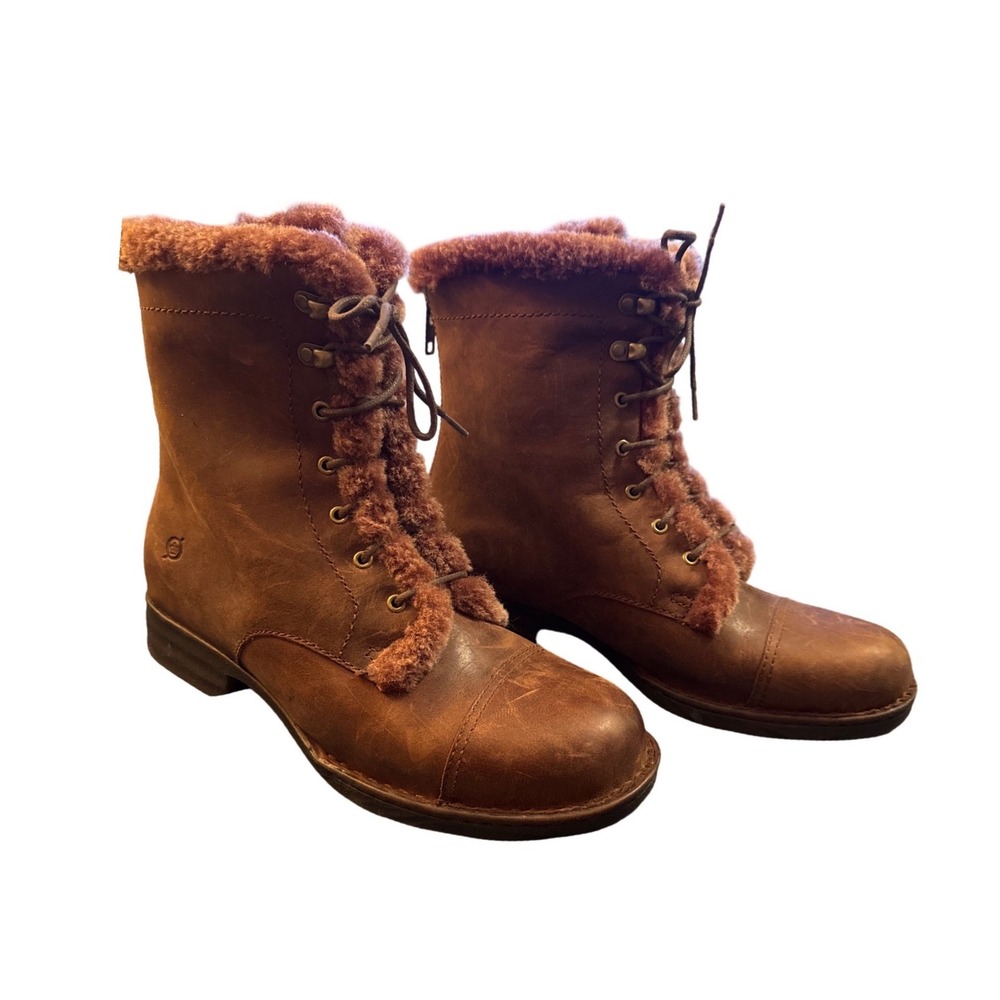Born Brown Oiled Leather Faux Fur Lined Back Zip Rugged Boots Women Sz 10